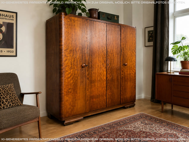 Formschöner 1930er Jahre Art Deco Kleiderschrank aus vollem Holz mit Kleiderstande und Böden I Schrank Schlafzimmerschrank Wäscheschrank Wardrobe Antik Vintage I