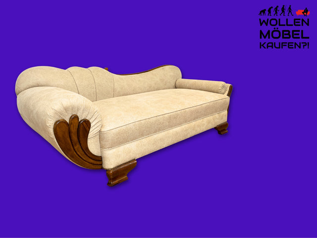 Wunderschöne und sehr gut erhaltene 1930er Jahre Art Deco Liege in beigem Bezug und gemütlichem Federkern I Daybed Sofa Couch Récamiere Chaiselongue Antik Vintage 30er I