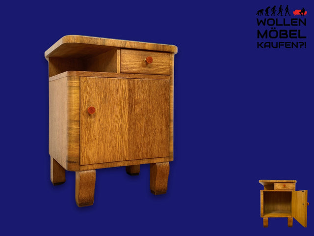 Wunderschöner 1930er Jahre Art Deco Nachttisch in Eiche mit Schublade und Glasauflage (Stoff auswechselbar)