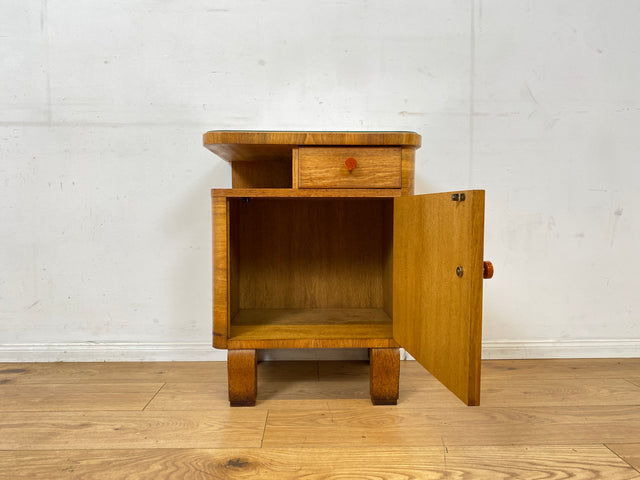 Wunderschöner 1930er Jahre Art Deco Nachttisch in Eiche mit Schublade und Glasauflage (Stoff auswechselbar)