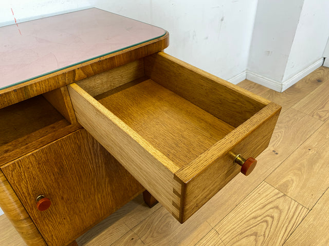Wunderschöner 1930er Jahre Art Deco Nachttisch in Eiche mit Schublade und Glasauflage (Stoff auswechselbar)