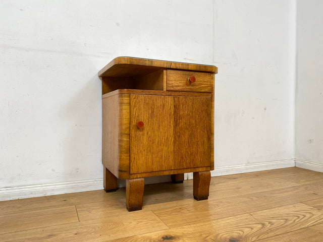 Wunderschöner 1930er Jahre Art Deco Nachttisch in Eiche mit Schublade und Glasauflage (Stoff auswechselbar)