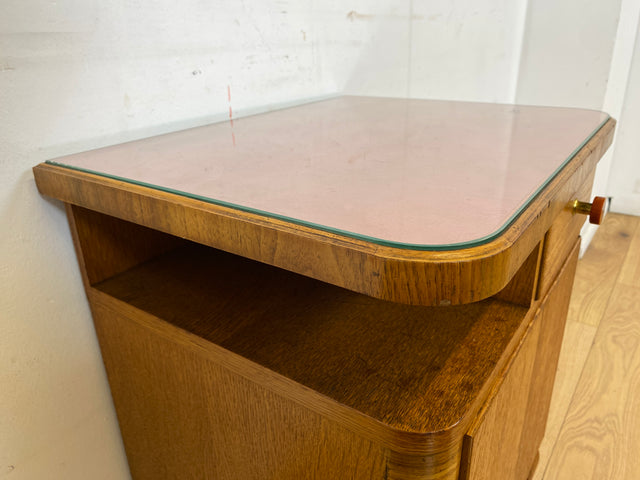 Wunderschöner 1930er Jahre Art Deco Nachttisch in Eiche mit Schublade und Glasauflage (Stoff auswechselbar)