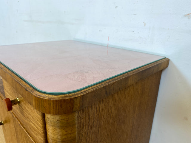 Wunderschöner 1930er Jahre Art Deco Nachttisch in Eiche mit Schublade und Glasauflage (Stoff auswechselbar)