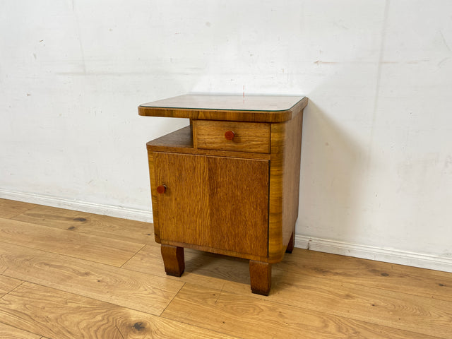 Wunderschöner 1930er Jahre Art Deco Nachttisch in Eiche mit Schublade und Glasauflage (Stoff auswechselbar)