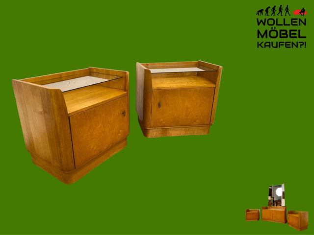 WMK I Formschöner großer heller Mid-Century Nachttisch mit Glasablage I Nachtkommode Nachtschrank Nachtschränkchen Kommode Ablage Schlafzimmer Vintage 50er 60er Retro I