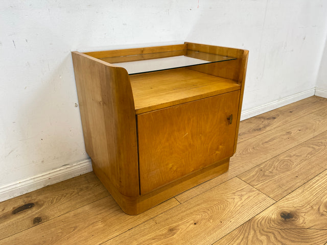 WMK I Formschöner großer heller Mid-Century Nachttisch mit Glasablage I Nachtkommode Nachtschrank Nachtschränkchen Kommode Ablage Schlafzimmer Vintage 50er 60er Retro I