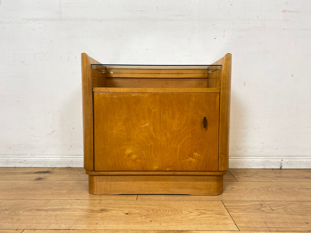 WMK I Formschöner großer heller Mid-Century Nachttisch mit Glasablage I Nachtkommode Nachtschrank Nachtschränkchen Kommode Ablage Schlafzimmer Vintage 50er 60er Retro I
