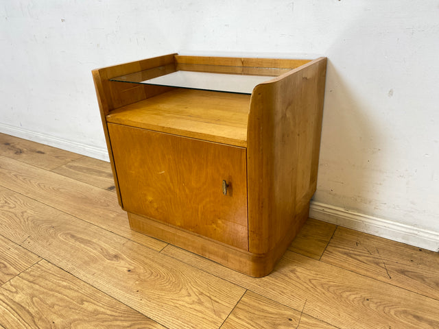 WMK I Formschöner großer heller Mid-Century Nachttisch mit Glasablage I Nachtkommode Nachtschrank Nachtschränkchen Kommode Ablage Schlafzimmer Vintage 50er 60er Retro I