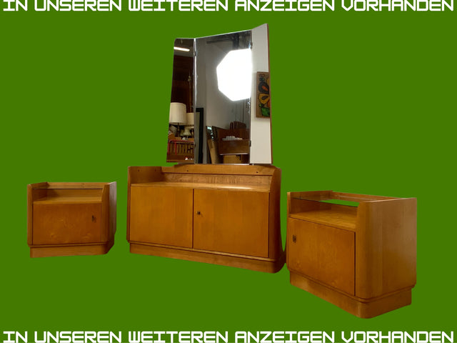 WMK I Formschöner großer heller Mid-Century Nachttisch mit Glasablage I Nachtkommode Nachtschrank Nachtschränkchen Kommode Ablage Schlafzimmer Vintage 50er 60er Retro I