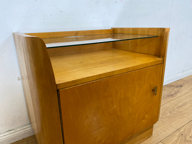 WMK I Formschöner großer heller Mid-Century Nachttisch mit Glasablage I Nachtkommode Nachtschrank Nachtschränkchen Kommode Ablage Schlafzimmer Vintage 50er 60er Retro I