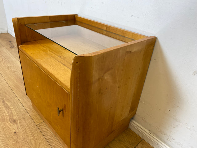 WMK I Formschöner großer heller Mid-Century Nachttisch mit Glasablage I Nachtkommode Nachtschrank Nachtschränkchen Kommode Ablage Schlafzimmer Vintage 50er 60er Retro I