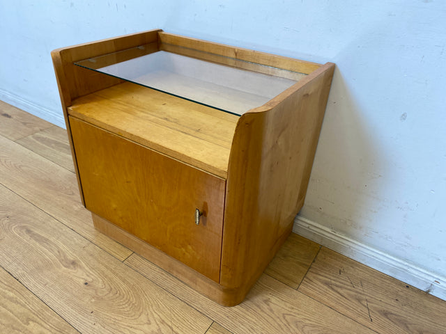 WMK I Formschöner großer heller Mid-Century Nachttisch mit Glasablage I Nachtkommode Nachtschrank Nachtschränkchen Kommode Ablage Schlafzimmer Vintage 50er 60er Retro I