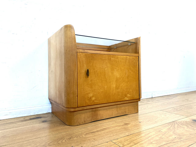 WMK I Formschöner großer heller Mid-Century Nachttisch mit Glasablage I Nachtkommode Nachtschrank Nachtschränkchen Kommode Ablage Schlafzimmer Vintage 50er 60er Retro I