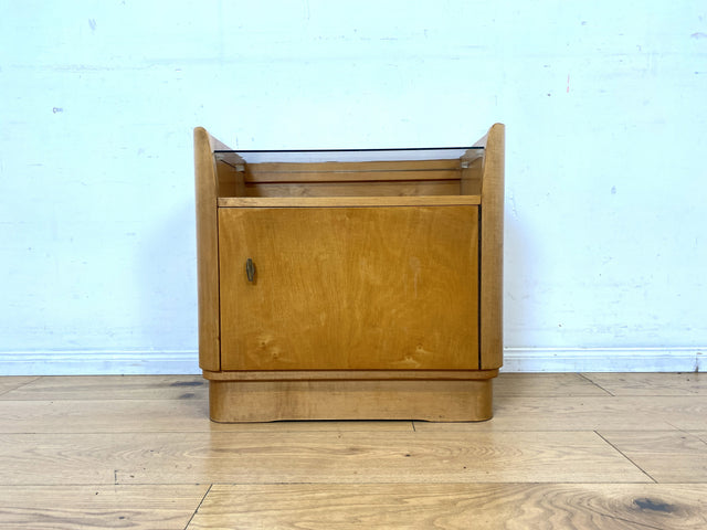 WMK I Formschöner großer heller Mid-Century Nachttisch mit Glasablage I Nachtkommode Nachtschrank Nachtschränkchen Kommode Ablage Schlafzimmer Vintage 50er 60er Retro I