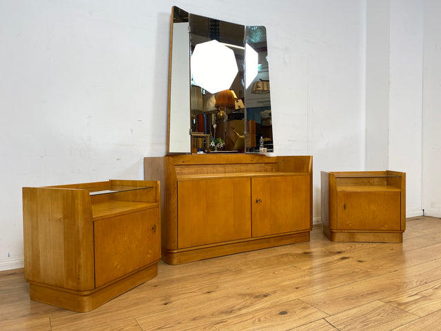 WMK I Formschöner großer heller Mid-Century Nachttisch mit Glasablage I Nachtkommode Nachtschrank Nachtschränkchen Kommode Ablage Schlafzimmer Vintage 50er 60er Retro I