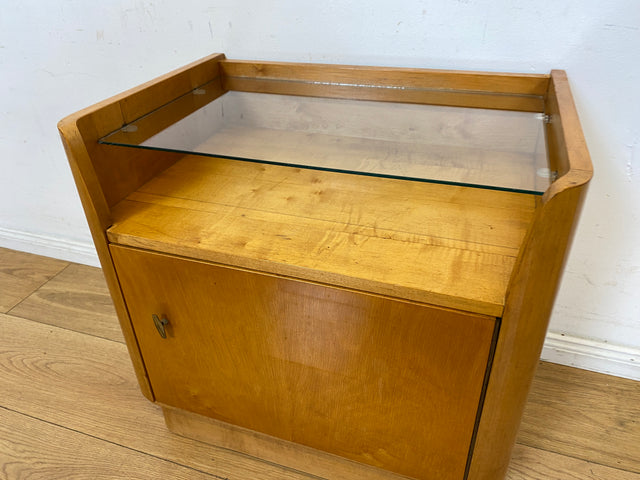 WMK I Formschöner großer heller Mid-Century Nachttisch mit Glasablage I Nachtkommode Nachtschrank Nachtschränkchen Kommode Ablage Schlafzimmer Vintage 50er 60er Retro I