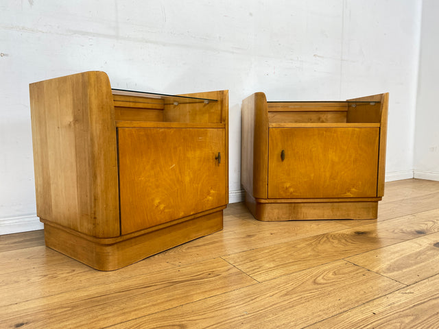 WMK I Formschöner großer heller Mid-Century Nachttisch mit Glasablage I Nachtkommode Nachtschrank Nachtschränkchen Kommode Ablage Schlafzimmer Vintage 50er 60er Retro I