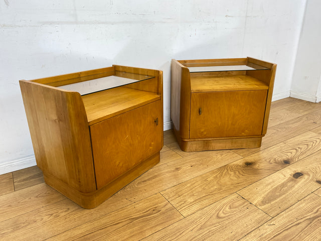 WMK I Formschöner großer heller Mid-Century Nachttisch mit Glasablage I Nachtkommode Nachtschrank Nachtschränkchen Kommode Ablage Schlafzimmer Vintage 50er 60er Retro I