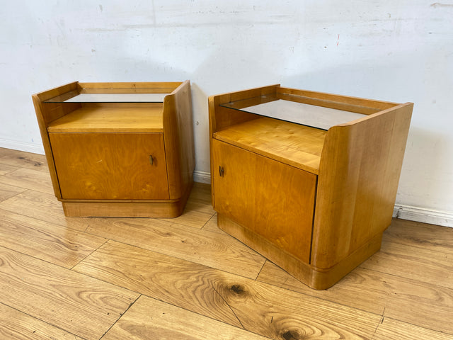 WMK I Formschöner großer heller Mid-Century Nachttisch mit Glasablage I Nachtkommode Nachtschrank Nachtschränkchen Kommode Ablage Schlafzimmer Vintage 50er 60er Retro I