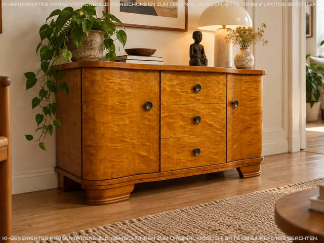 Formschöne und gut erhaltener 30er Jahre Art Deco Kommode aus vollem Holz mit Schubladen und Messinggriffen I Sideboard Lowboard Wäscheschrank TV-Lowboard Antik Alt Vintage I