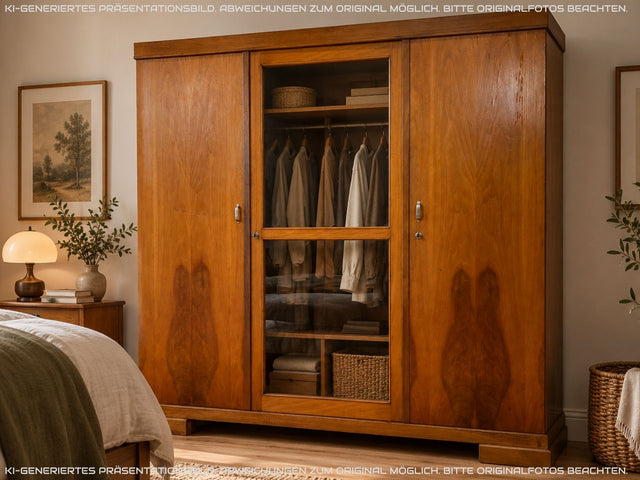 Schöner und perfekt aufgeteilter 30er Jahre Art Deco Kleiderschrank aus vollem Holz in Nussbaum mit Glastür I Schrank Schlafzimmerschrank Wäscheschrank Antik Alt Vintage I