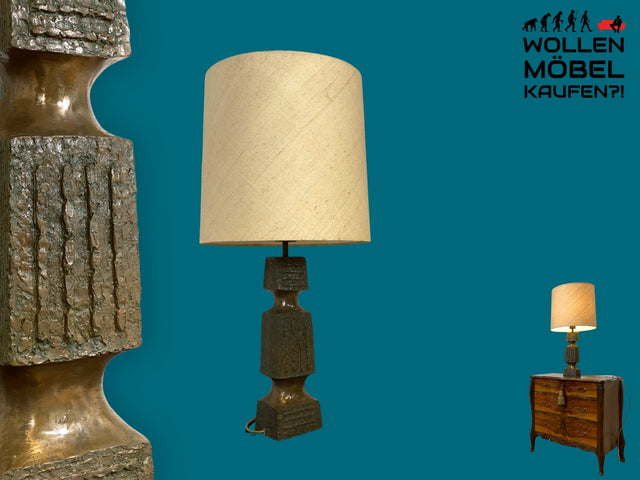 Grandiose 50er Jahre Brutalismus Tischlampe mit skulpturalem metallbeschichtetem Lampenfuß & original Lampenschirm I Tischleuchte Schreibtischlampe Lampe Leuchte Vintage I
