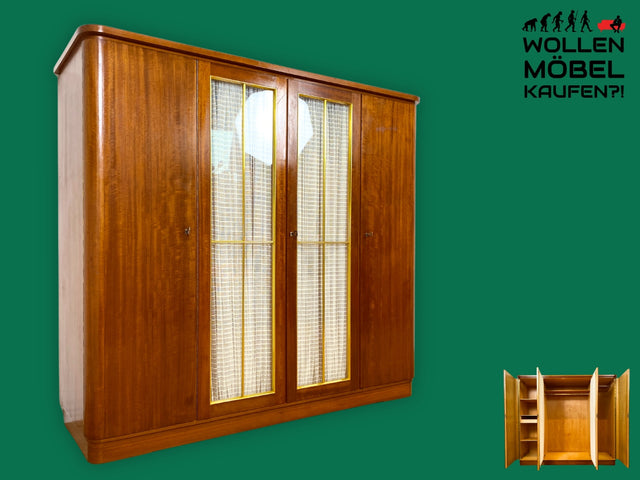 Schöner und hochwertiger 50er Jahre Kleiderschrank aus vollem Holz mit Glastüren und Vorhängen I Schrank Schlafzimmerschrank Wäscheschrank Mid-Century Alt Vintage 60er I