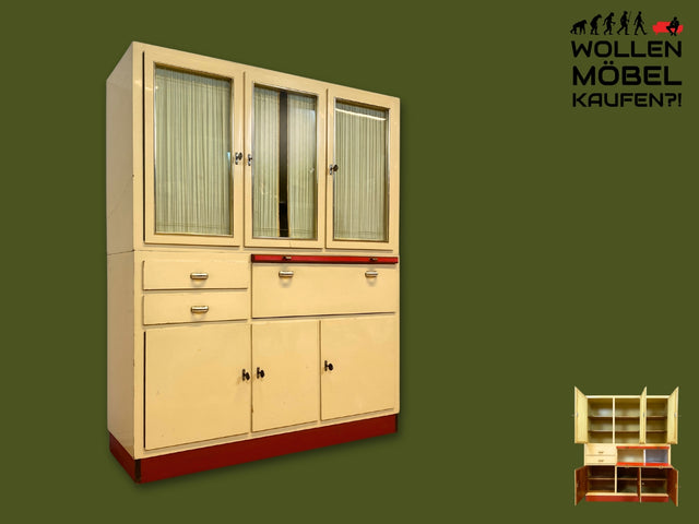 Freundliche 50er Jahre Küchenanrichte mit Ausziehbrett, Vorhängen und Brot Fach I Küchenschrank Anrichte Küche Küchenkommode Buffet Geschirrschrank Mid-Century Retro Vintage I