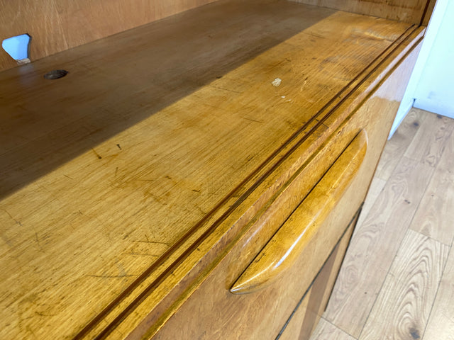Hübscher 50er Jahre Schreibschrank aus vollem Holz in Maserbirke I Schrank Sekretär Schreibtisch Schreibkommode Highboard Bücherschrank Barschrank Vintage Mid-Century 60er I