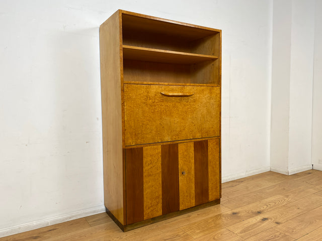 Hübscher 50er Jahre Schreibschrank aus vollem Holz in Maserbirke I Schrank Sekretär Schreibtisch Schreibkommode Highboard Bücherschrank Barschrank Vintage Mid-Century 60er I
