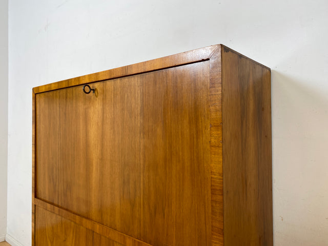 Schöner minimalistischer 50er Jahre Sekretär I Massivholz in Nussbaum I Schreibschrank Schreibkommode Schrank Highboard Kommode Barschrank Mid-Century Vintage Bauhaus I