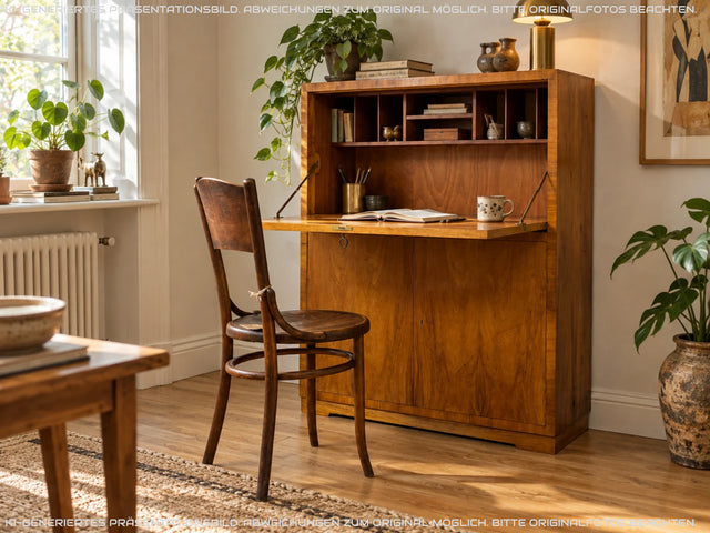Schöner minimalistischer 50er Jahre Sekretär I Massivholz in Nussbaum I Schreibschrank Schreibkommode Schrank Highboard Kommode Barschrank Mid-Century Vintage Bauhaus I