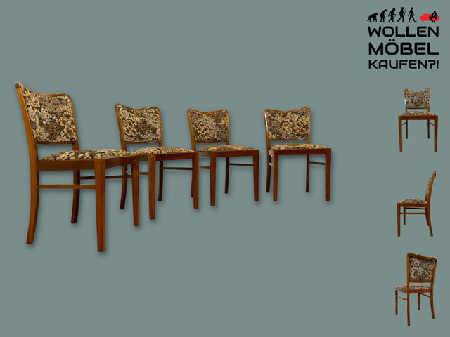 Set aus 4 eleganten und stabilen 50er Jahre Stühle mit floralem Originalbezug I 4er Esszimmerstühle Holzstühle Küchenstühle Dining Chairs Blumen Mid-Century Vintage 60er I