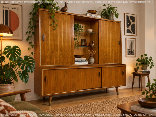Hochwertiger 50er Jahre Wohnzimmerschrank aus vollem Holz in Nussbaum mit Schiebetüren I Highboard Bücherschrank Büchervitrine Sideboard Schrank Vintage Retro 60er I