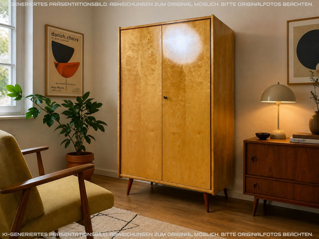 Sehr schöner heller 60er Jahre Kleiderschrank mit Kleiderstange und konischen Füßen I Schrank Schlafzimmerschrank Wardrobe Garderobenschrank Vintage Mid-Century Retro I