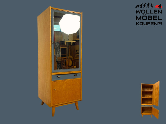 60er Jahre Schrank mit Spiegel, Schublade und Messinggriffen I Schrank Kleiderschrank Spiegelschrank Flurschrank Garderobe Barschrank Mid-Century Vintage 50er I