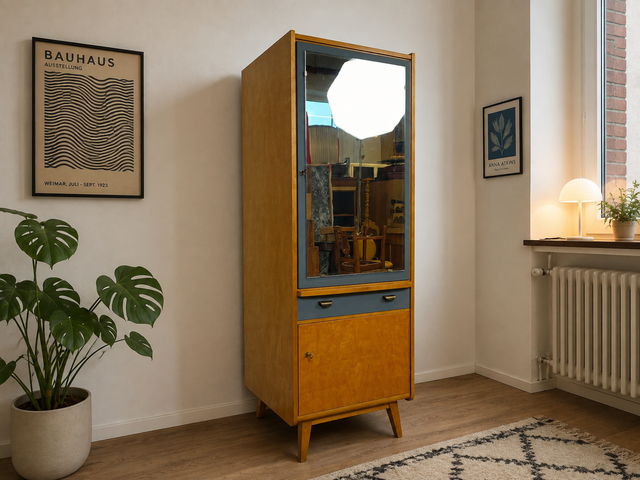 60er Jahre Schrank mit Spiegel, Schublade und Messinggriffen I Schrank Kleiderschrank Spiegelschrank Flurschrank Garderobe Barschrank Mid-Century Vintage 50er I