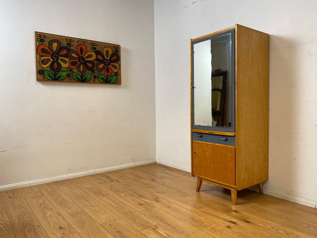 60er Jahre Schrank mit Spiegel, Schublade und Messinggriffen I Schrank Kleiderschrank Spiegelschrank Flurschrank Garderobe Barschrank Mid-Century Vintage 50er I