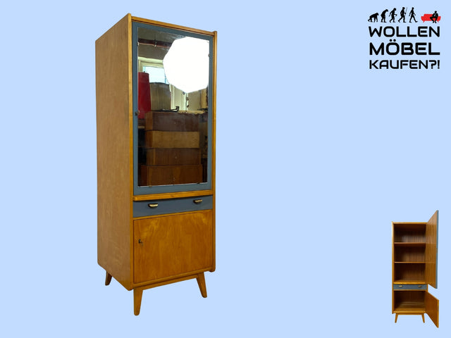 Sehr hübscher 60er Jahre Schrank mit Spiegel , Schublade & Messinggriffen I Schrank Kleiderschrank Spiegelschrank Flurschrank Garderobe Badschrank Mid-Century Vintage 50er