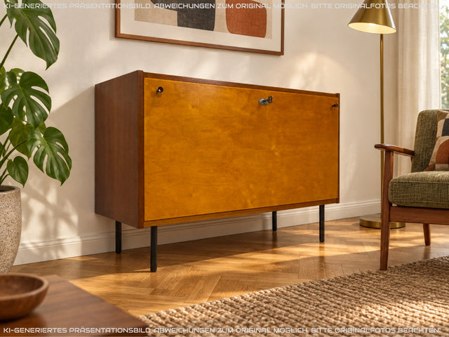 Sehr schöne und gut erhaltene 60er Jahre Wäschekommode mit Klappe und schwarzen Metallfüßen I Wäschetruhe Kommode Sideboard Schrank Truhe Mid-Century Vintage Retro I