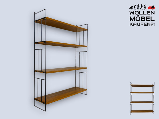 WMK I Stilvolles 60er Jahre Wandregal mit 4 Regalböden in Teakholz auf schwarzen Regalleitern I Regal Hängeregal Stringregal String Bücherregal Wall Shelf Teak Vintage Mid-Century I Berlin NRW Bremen