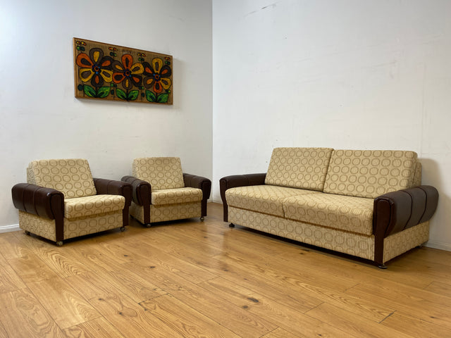 Retro pur! Gemütliche 70er Jahre Couch mit Schlaffunktion mit hellem Originalbezug I Sofa Couch Schlafsofa Schlafcouch Klappcouch Daybed Sitzgarnitur Vintage Space Age 60er I
