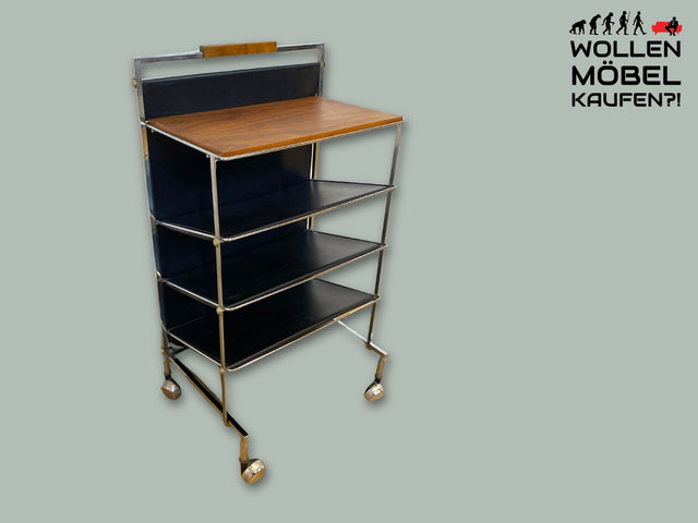 Stilvoller 70er Jahre Space Age Zeitungsständer auf Rollen aus Chrom , Leder & Nussbaum I Zeitungsablage Beistelltisch Ablage Couchtisch Regal Servierwagen Teewagen Vintage I