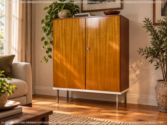 Stilvoller 70er Jahre Wäscheschrank in Hochglanz Kirschholz mit Schubladen und Chrom Füßen I Schrank Highboard Wäschekommode Sideboard Vintage 60er Mid-Century Alt I