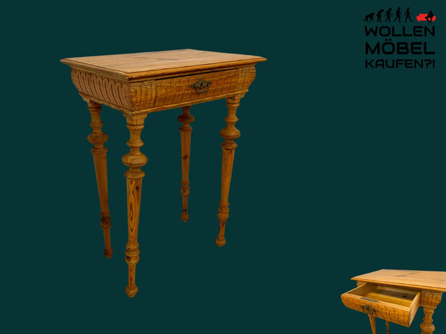 Hübscher kleiner antiker Beistelltisch mit Schublade und Messinggriffen I Kiefernholz , um 1880 I Nähtisch Kommode Ablage Konsolentisch Konsole Gründerzeit Vintage Weichholz I