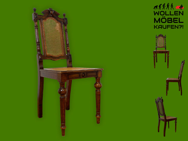 Eleganter handverzierter antiker Esszimmerstuhl mit Wiener Geflecht und aufwendig gedrechselten Beinen I Stuhl Holzstuhl Dining Chair Herrendiener Gründerzeit Alt Vintage I