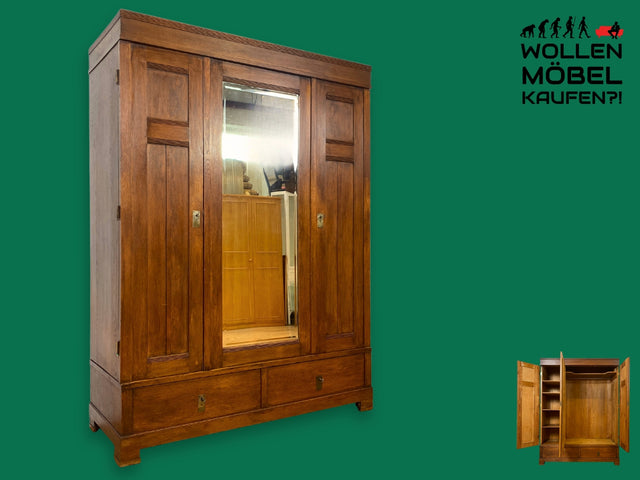 WMK I Schöner und sehr geräumiger antiker Kleiderschrank aus massiver Eiche mit Spiegel I Schrank Schlafzimmerschrank Wäscheschrank Wardrobe Bauernschrank Jugendstil Vintage I Berlin Bayern Sachsen