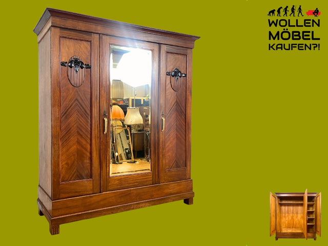 Wunderschöner und sehr geräumiger antiker Kleiderschrank aus vollem Holz mit Spiegeltür I Schrank Schlafzimmerschrank Wäscheschrank Jugendstil Gründerzeit Vintage I