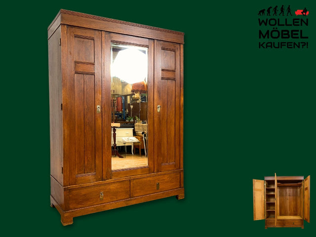 Wunderschöner antiker Kleiderschrank aus vollem Holz mit Spiegeltür und Schubladen, um 1910 I Schrank Wäscheschrank Schlafzimmerschrank Wardrobe Spiegel Jugendstil Vintage I